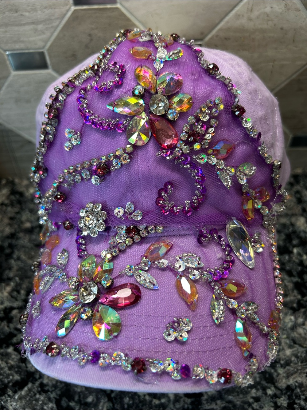 OOAK Bling Rhinestone Lavender Baseball Cap Handcrafted Festival Glam Hat - Picture 8 of 9